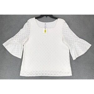 Leo & Nicole Blouse Women Size M 3/4 Ruffle Sleeve Pullover Lined White Eyelet